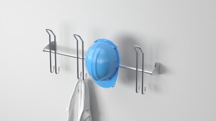 Stainless steel helmet hook rack with four double hooks holding a blue helmet and work gear.