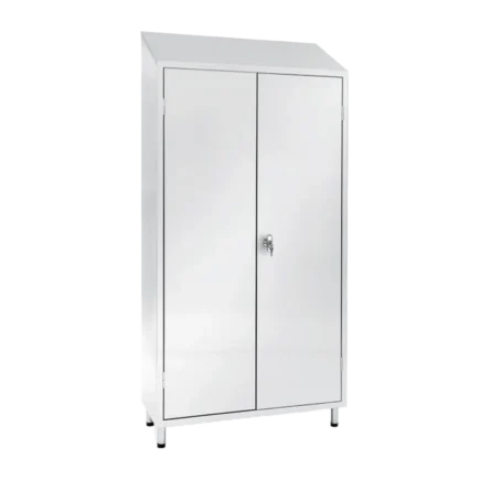Hygienic stainless steel storage cabinet with 2 lockable doors, sloped top, internal shelves, Brushed 2J Satin Finish, and adjustable feet. Custom options available.