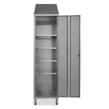 Stainless steel storage cabinet lockable door shelves hygienic