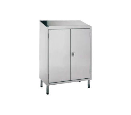 Hygienic stainless steel work cabinet with 2 lockable doors, sloped top, internal shelves, Brushed 2J Satin Finish, and adjustable feet. Custom options available.